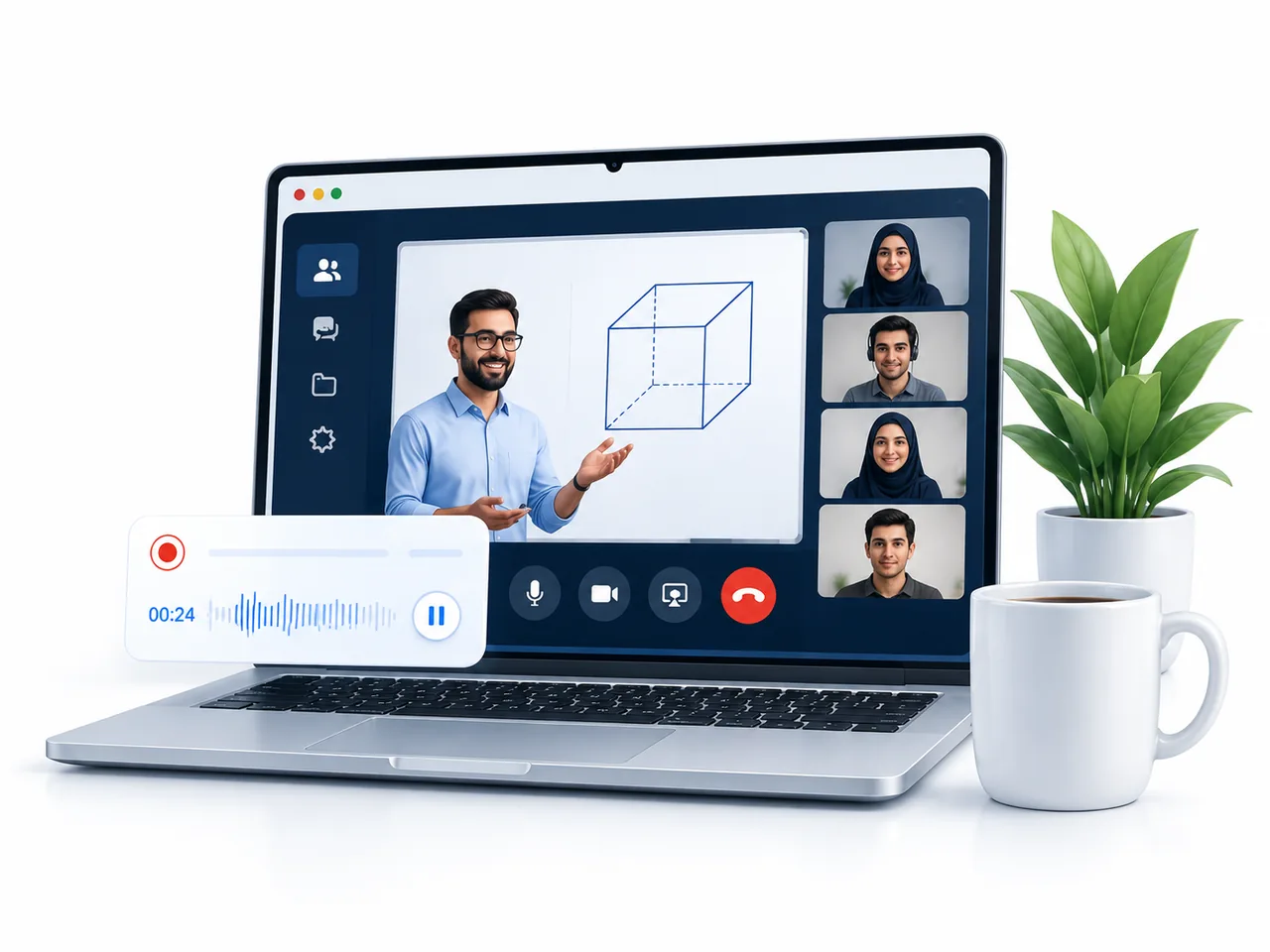 تصویر گرافیکی کلاس آنلاین روی لپتاپ با وایتبرد، تصویر فراگیران و ضبط جلسه